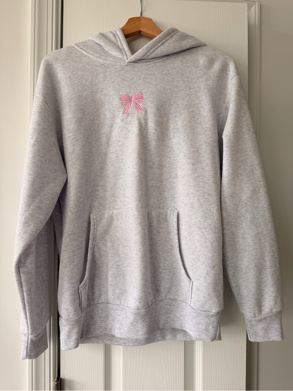 Light Gray Hoodie Sweater with Pink Bow Embroidery